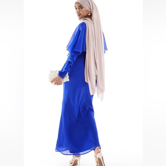 ASOS DESIGN long sleeve ruffle bias maxi dress with cape detail in cobalt blue - Picture 3 of 5